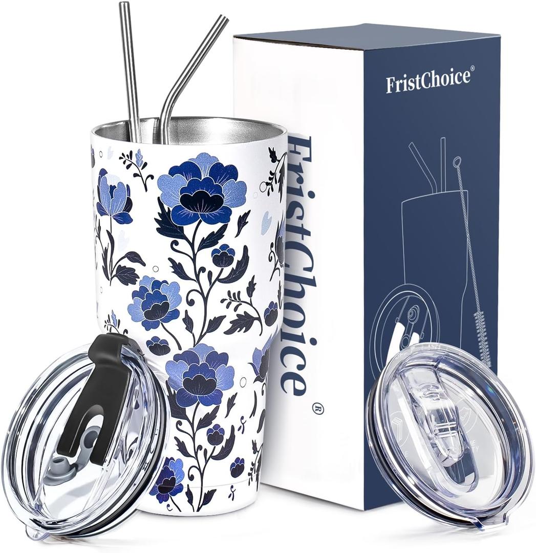 30 oz Tumbler with Lids and Straws Double Wall Insulated Tumbler Cup,Stainless Steel Vacuum Tumbler Powder Coated Travel coffee Mug for Cold and Hot Drinks,Blue and White Porcelain