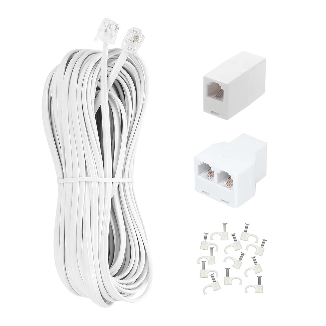 Long Telephone Extension Cord 100 FT, White, Phone Cable Wire with Standard RJ11 Plug, 1 Phone Line Splitter, 1 in-line Coupler and 65 Cable Clips for Telephone Calling Communication