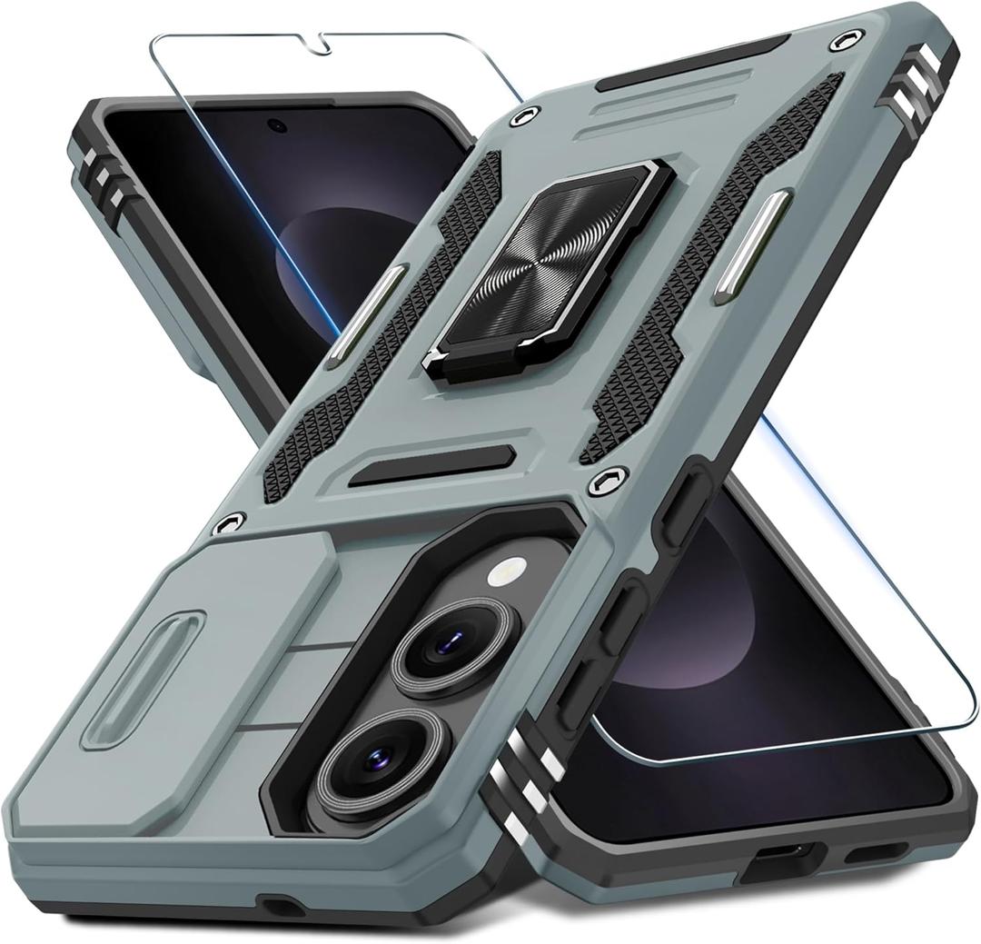 DEERLAMN Case for Samsung Galaxy S25 Edge with Slide Camera Cover+Screen Protector (1 Pack), Rotated Ring Kickstand Military Grade Shockproof Protective Cover-Grey (S25 Edge-6.7 Inch)
