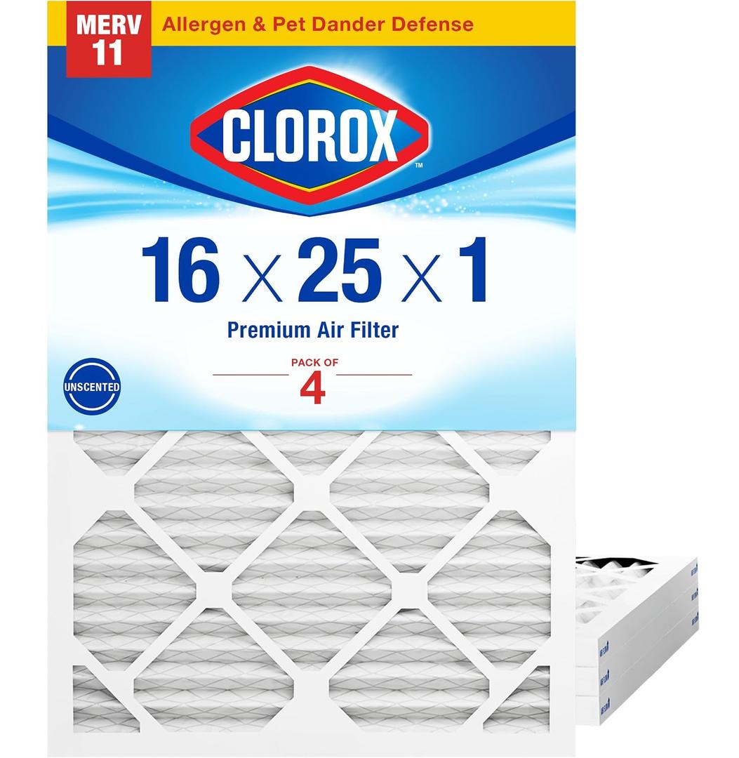Clorox 16x25x1 Air Filter, MERV 11 Pleated HVAC AC Furnace Air Filters for Dust, Pollen and Pet Dander, MPR 1000 & FPR 7 Pack of 4