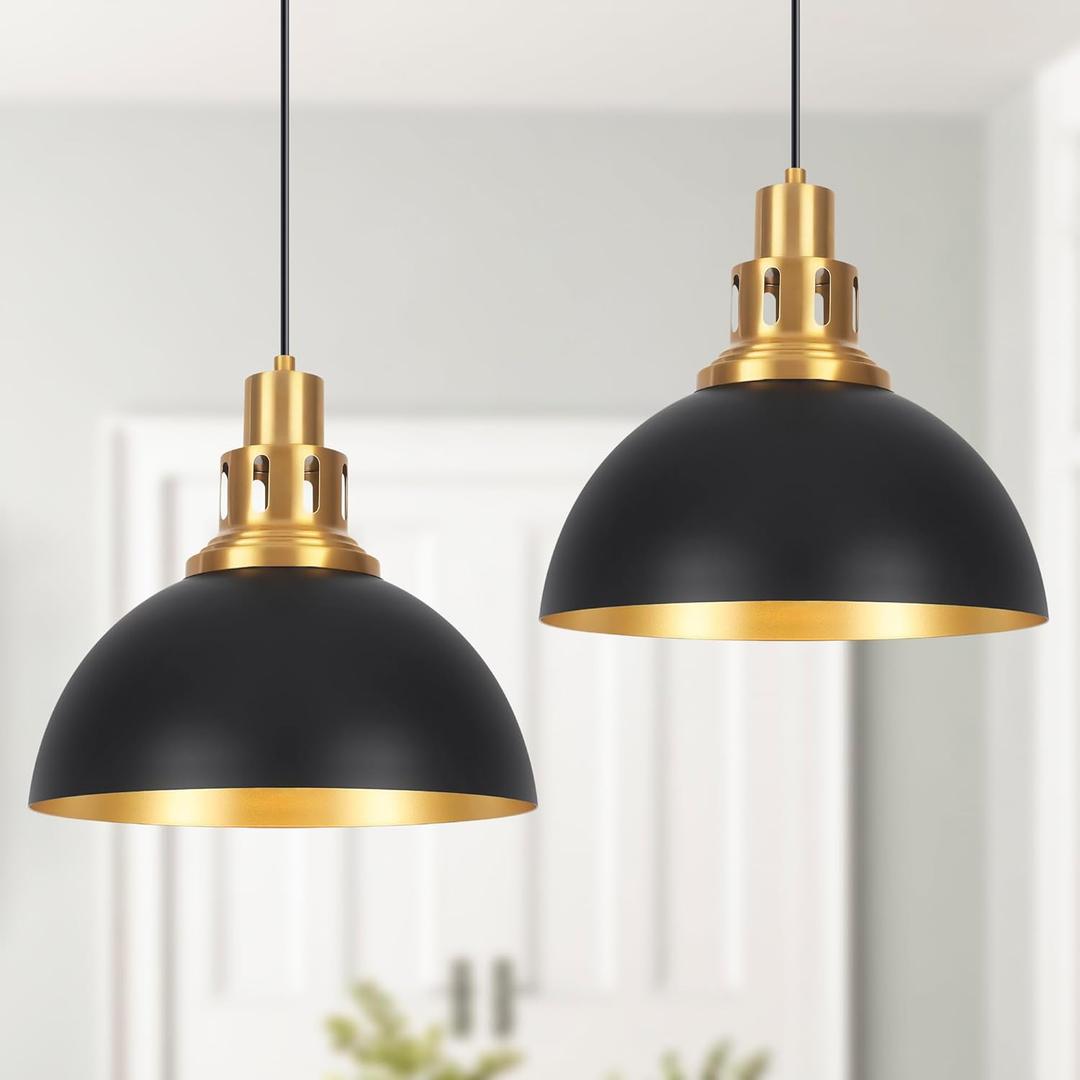 Black Farmhouse Dome Pendant Lights, Vintage Industrial Pendant Light Fixtures, Height Adjustable Pendant Lighting for Kitchen Island, Dining Room Foyer Entryway Bedroom 2-Pack