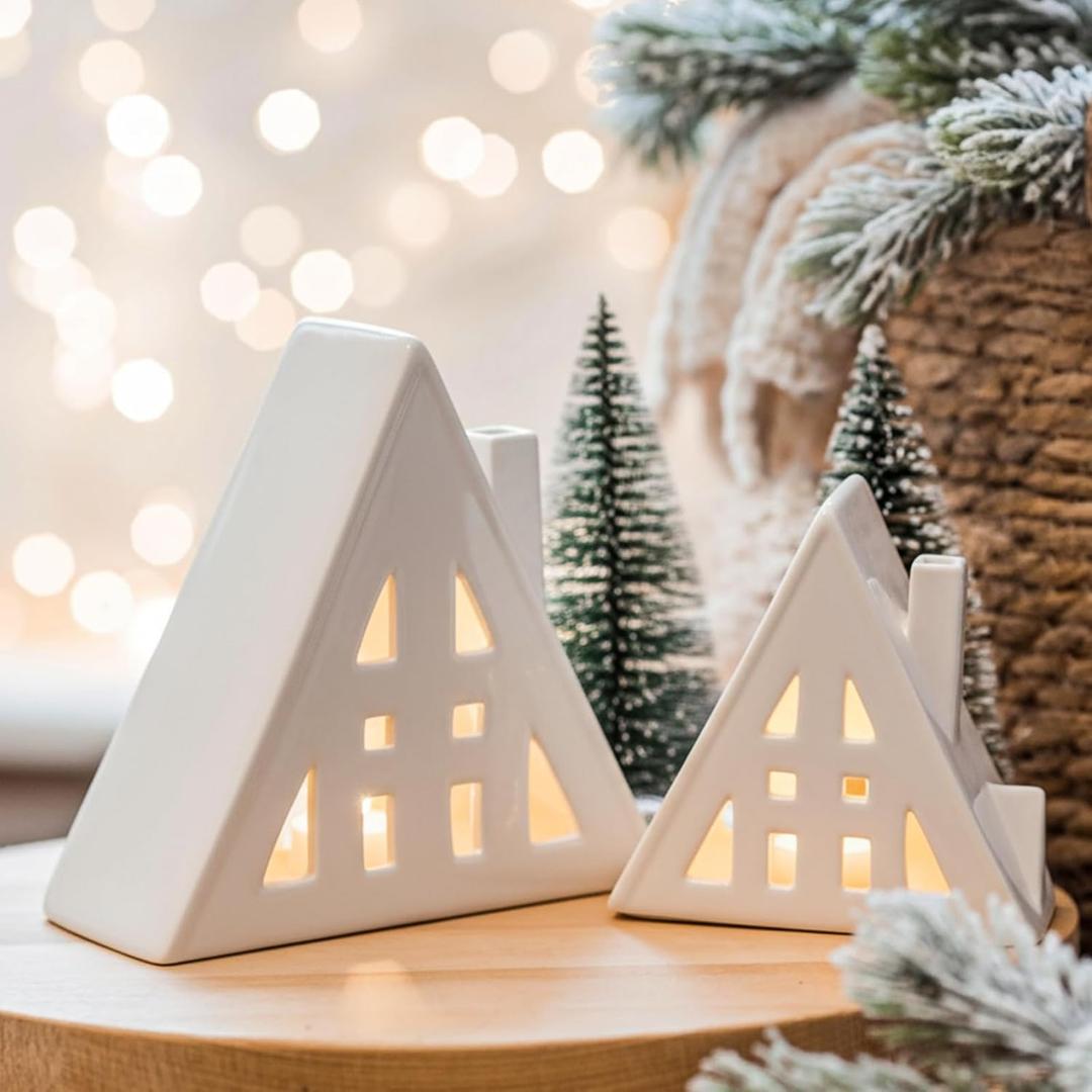 2 Set Ceramic White Christmas Village Houses Set 8 Inch and 5 Inch Christmas Village Houses with LED Light Desktop Ornaments Xmas Holiday Farmhouse Rustic Decor for Home Table Room