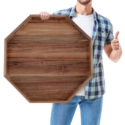 Teenyyou 24 Inches Extra Large Octagonal Ottoman Tray with Handles Acacia Wood Boards Wooden Serving Tray Fruit Platter Decorative Trays for Living Room, Tea Coffee Table, Breakfast in Bed Kitchen