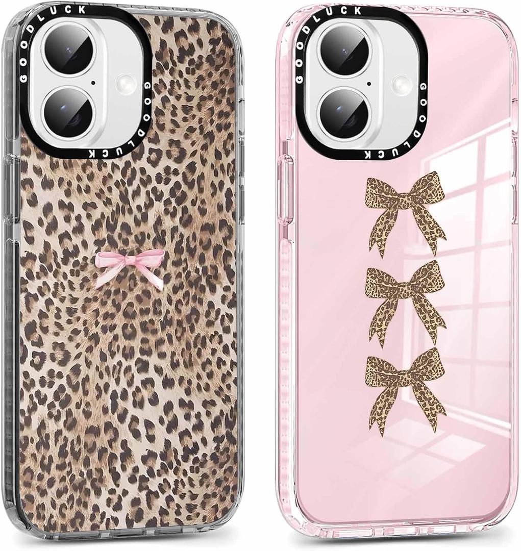 2 Pack Cute Cheetah Print Phone Case for iPhone 17 Pink Bow Case 6.3", Clear Coquette Fashion Luxury Leopard Pattern Design Girls Women Funda Shockproof Soft TPU Protection Cover