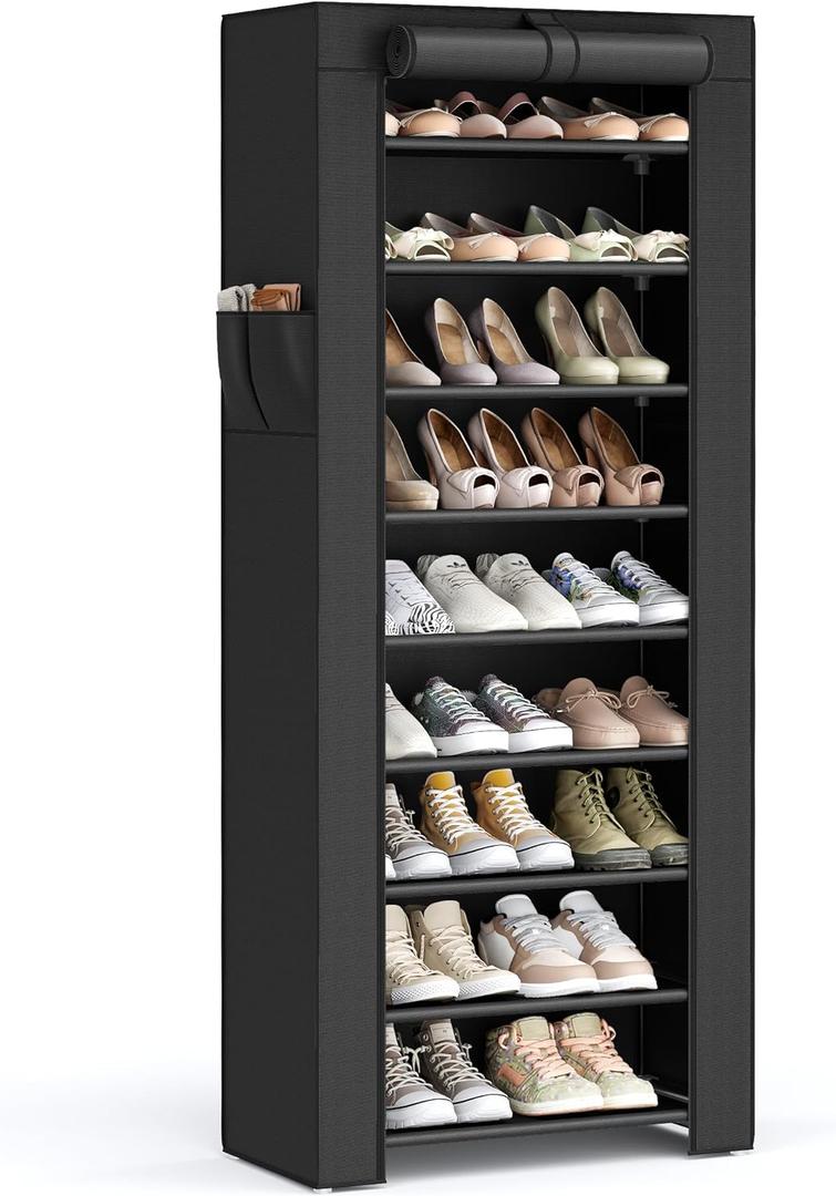 SONGMICS Shoe Rack, 9 Tier Shoe Organizer with Nonwoven Fabric Cover, Shoe Storage Shelf for 27-35 Pairs of Shoes, Entryway, Suitable for Sneakers, High Heels, Flats, and Boots, Black URXJ10H