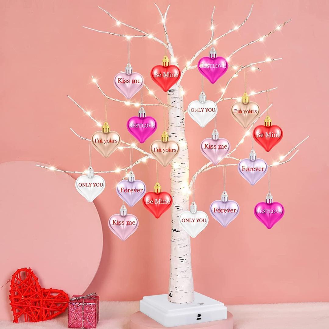 Fovths Valentine's Day Tree Decoration with LED Lights 21.7 Inch Tabletop Birch Tree with Timer Battery USB Powered with Valentine's Day Heart Ornaments for Home Valentine Wedding Decor