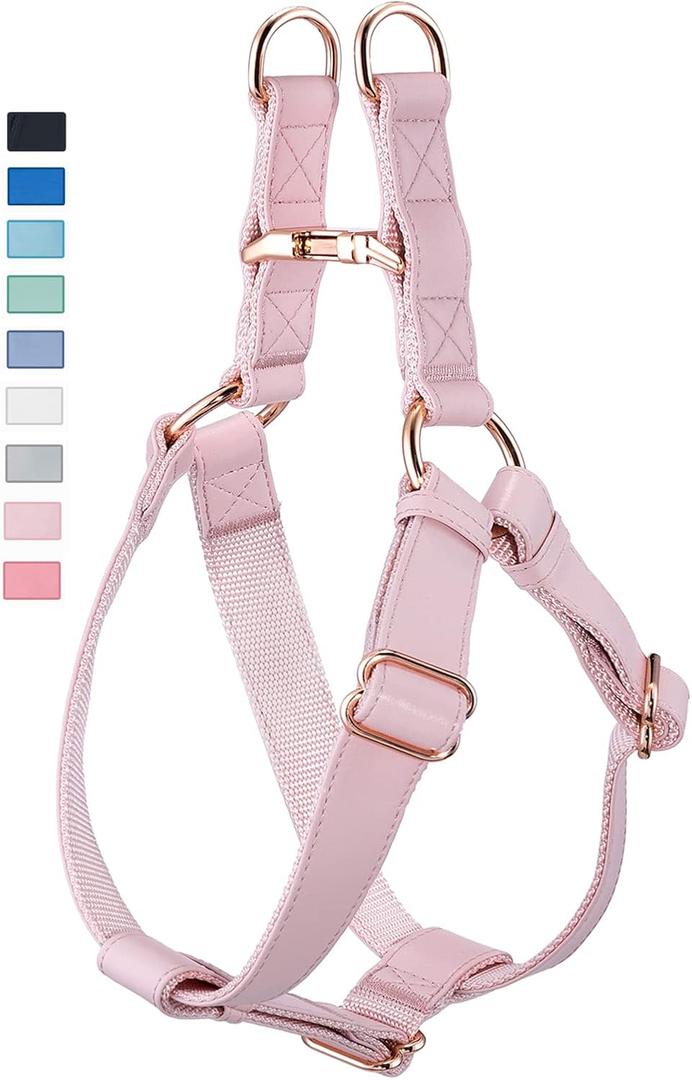 Soft Leather No Pull Dog Harness - Adjustable Step in Dog Harness with Rose Gold Heavy Duty Metal Buckle, Freedom Nylon Dog Halter Vests for Small Medium Large Dogs Easy Walking Training (Pink,L) (L (Neck&Chest Girth 26"-38"x Width 1"))