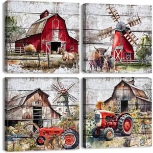 Country Red Barn Wall Art Farmhouse Kitchen Decor Rustic Old Barn Picture Wall Decor Vintage Windmill Tractor Canvas Prints Farm Animals Cow Paintings Artwork Living Room Home Decoration 12x12" 4Pcs