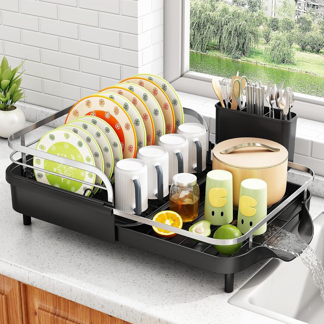 SAYZH Dish Drying Rack - Expandable Dish Rack for Kitchen Counter, Rust-Resistant Dish Drainer with Utensil Holder and Raised Guardrail, Kitchen Organizer for Cup and Bottle (Black), 15.3" to 22.2"