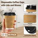 SIUQ 12 oz Coffee Cups-90 Pack Disposable Coffee Cups with Lids and Straws, Insulated Ripple Wall To Go Paper Coffee Cup for Coffee, Hot Chocolate and Hot Tea Drinks - Champagne 