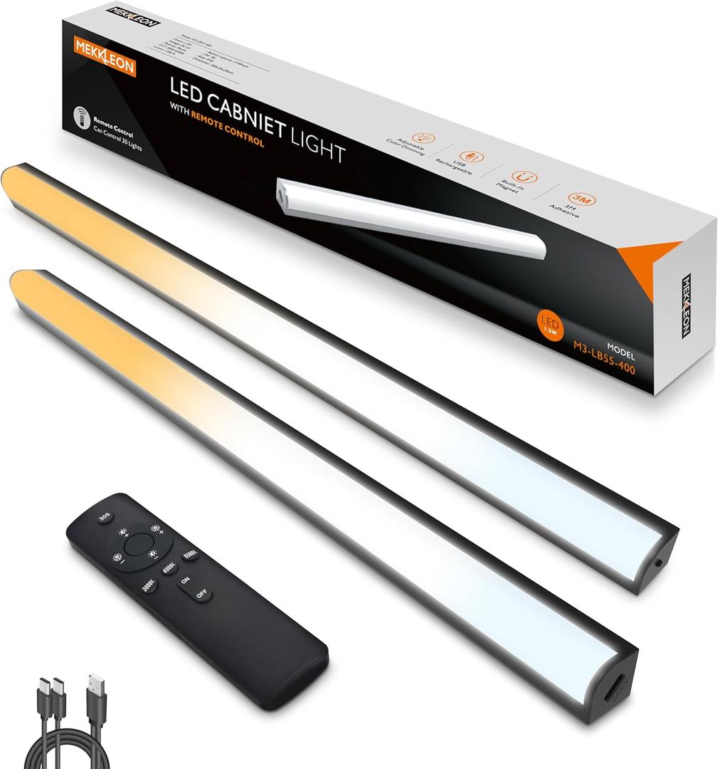 Under Cabinet Lights Remote Control,2 Pack Magnetic Dimmable Closet Lights,USB Rechargeable Wireless LED Shop Light,Ceiling and Under Counter Lights for Kitchen,Wardrobe,Shelf (Black, 40)