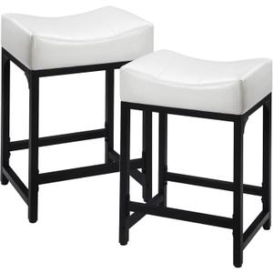 Off White Counter Height Bar Stools Set of 2, 24" White Bar Stools for Kitchen Counter with Saddle Cushion, Modern Backless Barstools Counter Stools Island Chair for Bar Kitchen
