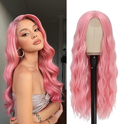YBYMCAI Pink Wig - Long Pink Wavy Wigs for Women Middle Part Pastel Pink 26 inch Natural Curly Synthetic Wig Heat Resistant Fiber Wigs for Daily Party Use
