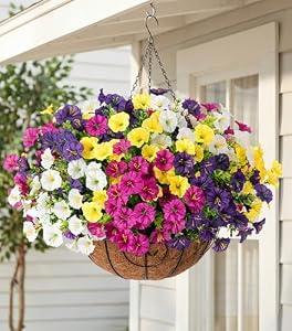 HyeFlora Artificial Hanging Flowers Faux Plants Basket for Outdoors Spring Decor, Fake Silk Morning Glory with Eucalyptus in Planter UV Resistant Outdoor Flowers for Outside Porch Patio Garden Home
