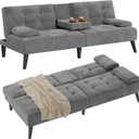 Shintenchi Futon Sofa Bed, Velvet Foldable Couch Reclining Sleeper w/Removable Armrests, Upholstered Loveseat w/Folding Cup Holders for Home, Office, Dark Gray