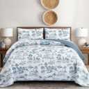 Drucon Blue Quilt Set Queen Size, Toile Farmhouse Bedspreads, 3 Pieces Rustic Village Landscape Printed Coverlet, Soft Microfiber Quilt Bedding Set for All Season (96x90 Inch)