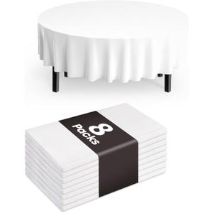 Pureegg Plastic Table Cloth Disposable 8 Pack, 84'' Round Table Cloths, Party, Picnic, Wedding, Decorative Tablecloths, Round, White Plastic Cover, Leakproof & Sturdy, White