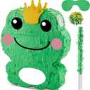 Lewtemi 15'' x 12'' x 3'' Frog Piata Set Frog Birthday Decorations Include Large Piata, Stick, Blindfold and Confetti for Kids Frog Party Decorations Favors Supplies Outdoor Games
