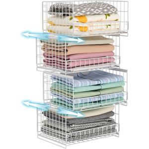 Hongtamoya 4-Tier Sliding Closet Organizers and Storage Shelves, Stackable Closet Shelf Organizer Basket Bins, Drawer Shelf Storage Container for Wardrobe Cupboard Kitchen Bathroom Office, White