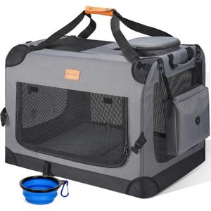 Morpilot 24-inch Portable Collapsible Dog Crate: Travel Dog Crate Soft-Sided for Small Dogs up to 27lbs, with Foldable Bowl, Shoulder Strap & Storage Pockets, Grey
