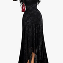 GothDark Womens Lace Maxi Dress Bodycon Square Neck Floral Sheer Ruffle Sleeves High Low Mermaid Elegant Evening Party Outfit, L