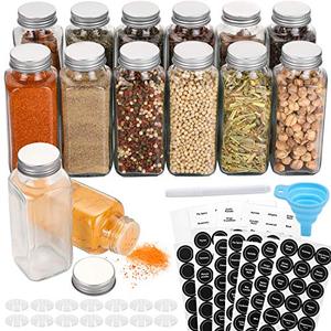 AOZITA 14 Pcs Glass Spice Jars with Spice Labels - 8oz Empty Square Spice Bottles - Shaker Lids and Airtight Metal Caps - Chalk Marker and Silicone Collapsible Funnel Included