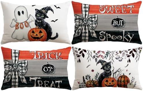 Pack of 2 Artscope Halloween Decorative Throw Pillow Covers 12x20 Inch Set of 4, Ghost Trick or Treat Pumpkin Sweet But Spooky Outdoor Farmhouse Pillow Cases for Home Sofa Couch-Orange