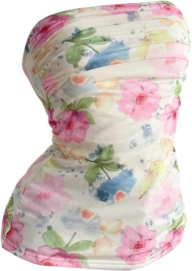 Milumia Women's Floral Ruched Tube Top Strapless Sleeveless Trendy Going Out Tops (L)