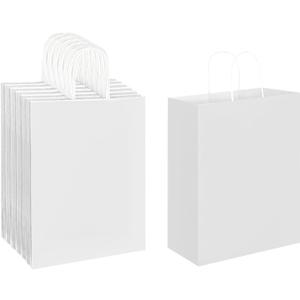 Oikss 50 Pack 10x5x13 White Kraft Paper Bags with Handles Bulk for Birthday Party Favors Grocery Retail Shopping Business Goody Recycled Craft Gift Bags (Large Size, 50 Count)