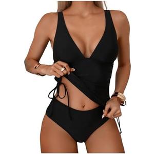 SweatyRocks Women's 2 Piece Bathing Suit Tankinis Deep V Neck Drawstring Side Swimsuit Tankini Set, Small