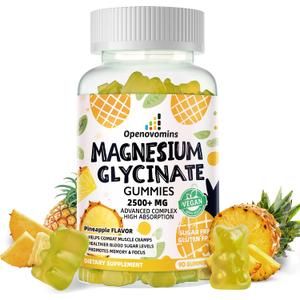 3 x Magnesium Glycinate Gummies 2500mg - Sugar Free Magnesium Potassium Supplement with Vitamin D, B6, CoQ10 for Calm Mood & Sleep Support - 90 Pineapple Gummies
