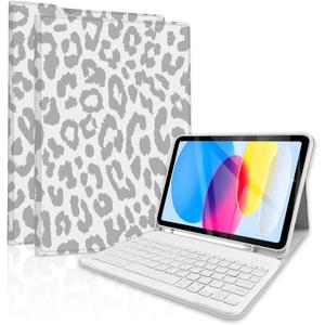 TopPerfekt Case Keyboard for iPad Gen 11th (A16) 11-inch 2025 / iPad 10th 10.9-inch 2022Detachable, Rechargeable, Magnetically Absorbent, Pencil Holder for 10.9 inch Case with Keyboard- Grey Leopard