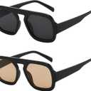 Trendy Square Aviator Sunglasses for Women Flat Top Designer Stylish Frame Sun Glasses Vintage Shades ((2 Pack) Black/Grey+black/Light Brown)