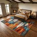 6x9 Burnt Orange and Teal Abstract Brushstroke Area Rug | Washable faux cashmere short pile with non-slip backing, ideal for living rooms, bedrooms and home offices