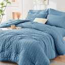 HYMOKEGE Mineral Blue Queen Comforter Set Seersucker 7 Pieces, All Season Luxury Bed in a Bag Queen for Bedroom, Bedding Set with Comforter, Sheets, Pillowcases & Shams
