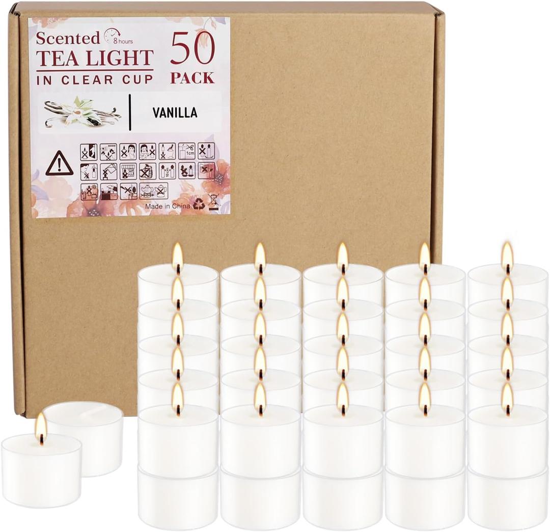 Set of 50 White Scented Tealight Candles Bulk, Vanilla Fragrance Wax with Clear Container, for Restaurant Dinner Weddings Baby Showers, Long Burning, 8 Hours
