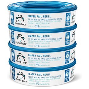 Amazon Brand - Mama Bear Diaper Pail Refills with Odor Control for Diaper Genie Pails, Unscented, 1080 Count (4 Packs of 270 Count)