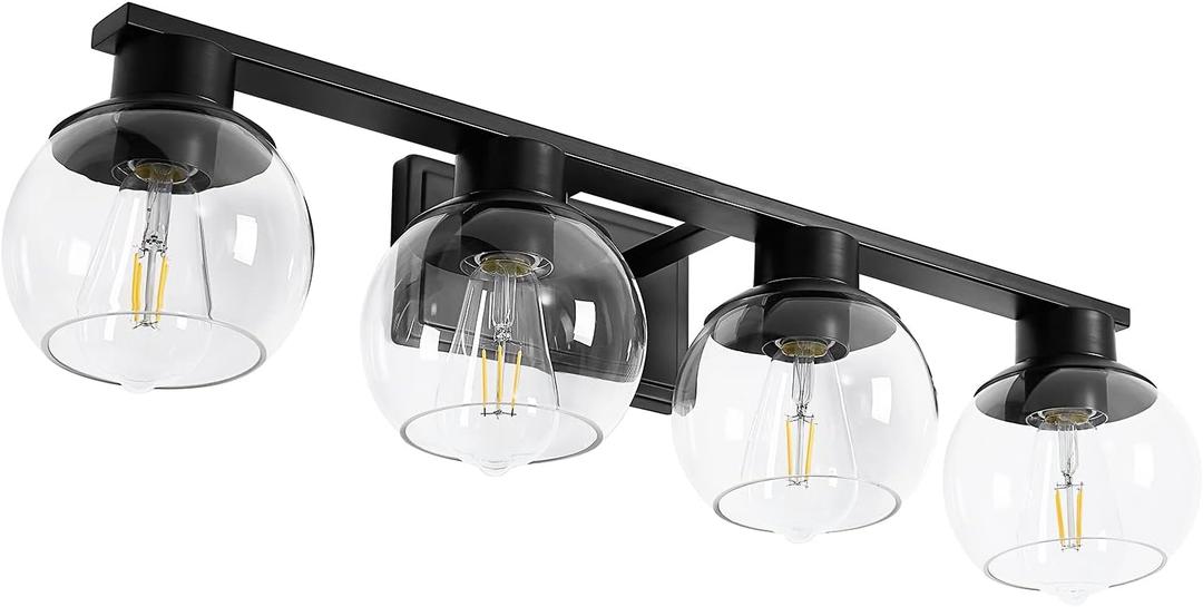 PAZALA 4-Lights Bathroom Vanity Light, Modern Bathroom Lighting Fixtures with Globe Glass Shade, 30in Matte Black Wall Sconce for Bath Over Mirror Kitchen Cabinet Bedroom Hallway Farmhouse, E26 Base