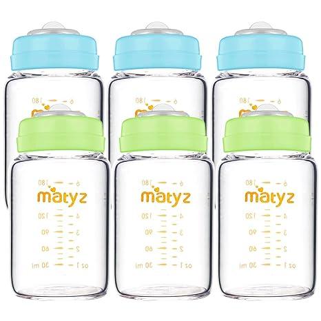 Matyz Glass Breastmilk Storage Bottles, 6 Pack, 6 oz, Sturdy Glass Bottle for Milk Freezing and Baby Feeding - Pumping Bottle for Philips Medela Spectra Breast Pumps - No BPA (3 Green & 3 Blue Lids)