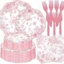 250 Pcs Pink Floral Plates and Napkins, 50 Guests Pink and White Scalloped Disposable Tableware Set Vintage Paper Plates Napkins for Wedding Bridal Shower Tea Garden Party Supplies