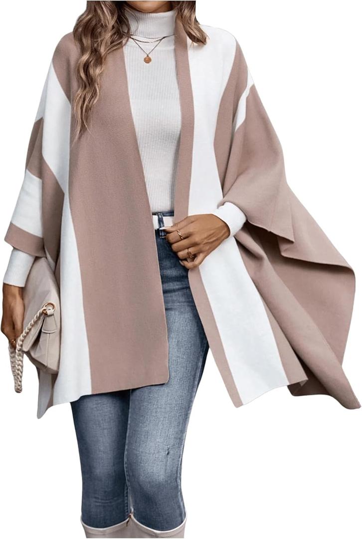 SOLY HUX Women's Open Front Cardigan Color Block Dolman 3/4 Sleeve Casual Cardigans Khaki Colorblock Large