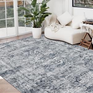 Joydeco 8x10 Area Rugs for Living Room, Non Slip Machine Washable Vintage Rug, Low Pile Chenille Print Rugs for Bedroom, Dining Room, Home Office, Pet & Child Friendly, Light Grey