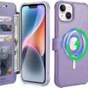 VANAVAGY Compatible for iPhone 14/13 Wallet Case for Magsafe Wireless Charging, PU Leather Flip Folio Phone Cover with Wrist Strap RFID Blocking Card Holder Screen Protector,Clove Purple