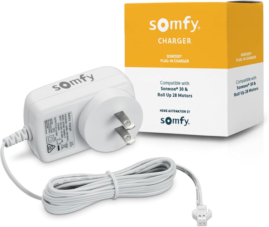 Somfy Charger for V1 Wirefree Motors  Compatible with ST30 & R28  Internal Lithium-Ion Battery  2-Pin Connector  13.3V Output  8-Hour Charge  Extended Cable  #9020672