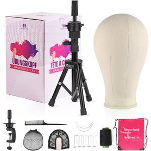 23 Inch Wig Head,Wig Stand Tripod with Head,Canvas Wig Head Stand with Mannequin Head for Wigs,Manikin Head Block Set for Wigs Making Display with Wig caps,T Pins Set,Bristle Brush