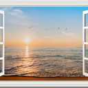 Beach Wall Art Pictures White Fake Window Frame Style Sunset Painting Seascape Artwork Ocean Birds Theme Prints on Canvas Blue Coastal Landscape for Living Room Bedroom Bathroom Home Office Decor24x36inch