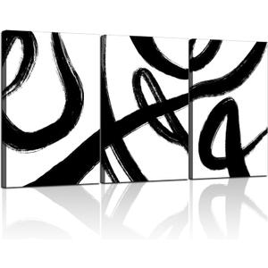 3Pcs Framed Abstract Black and White Canvas Wall Art Minimalist Brushstroke Line Prints Modern Home Gallery Style Picture Painting Posters Bedroom Living Room Office 12x16 Inch Ready to Hang