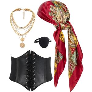 kasahara 4 Pcs Pirate Costume Accessories Women Pirate Bandanas Head Scarf Medieval Corset Eye Patch Necklace Jewelry (Black)