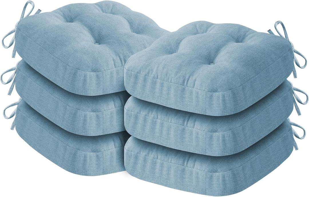 Chair Cushions for Dining Chairs, Dining Chair Cushions, Tufted Indoor Chair Pads with Ties & Non Slip Backing, Seat Cushions for Kitchen Chairs 16.5 x 16.5 x 3.5, Set of 6, Light Blue