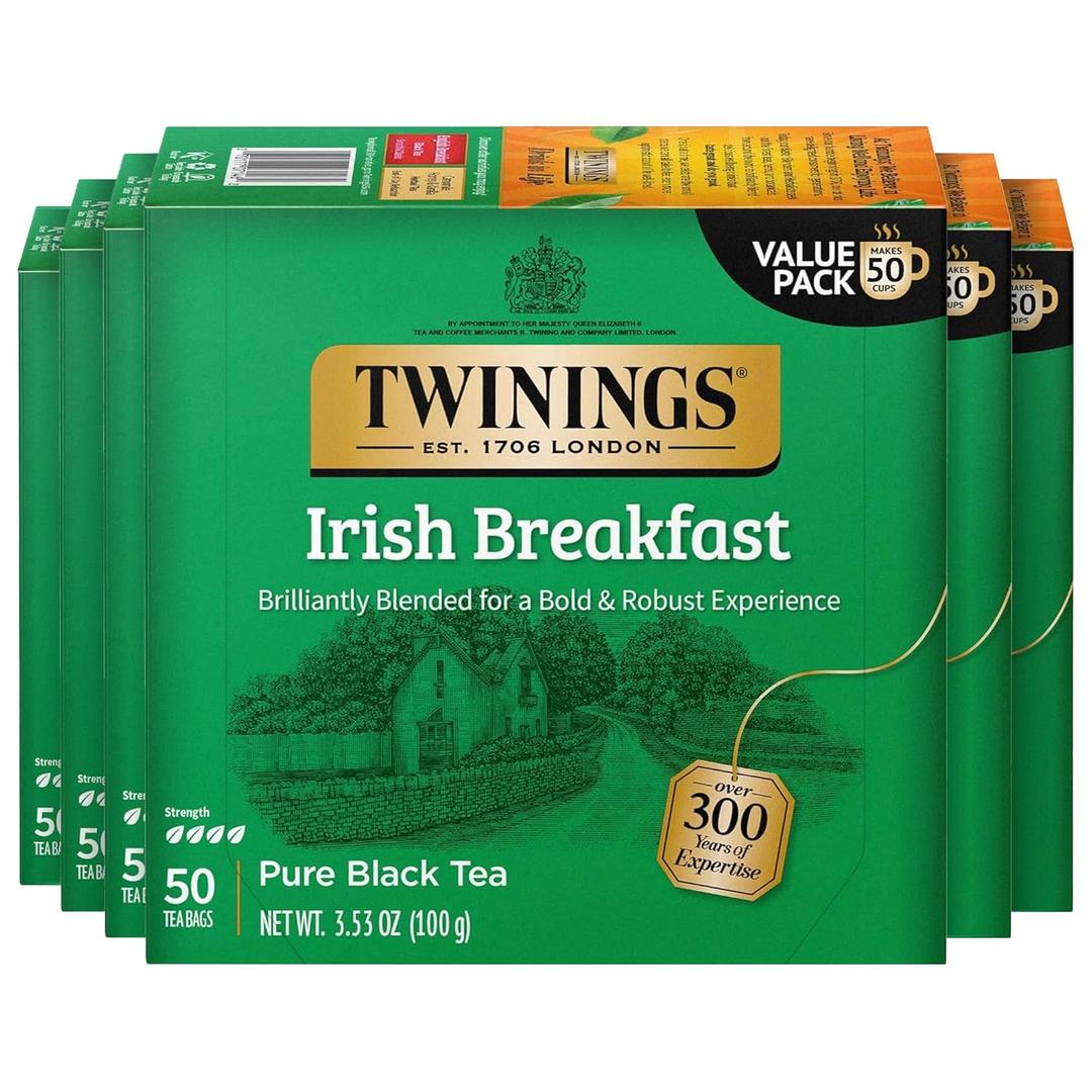 Twinings Irish Breakfast Black Tea Individually Wrapped Bags, 50 Count (Pack of 6), Flavourful, Bold, Robust, Caffeinated, Enjoy Hot or Iced, 300 Teabags (EXP 10/28/28)